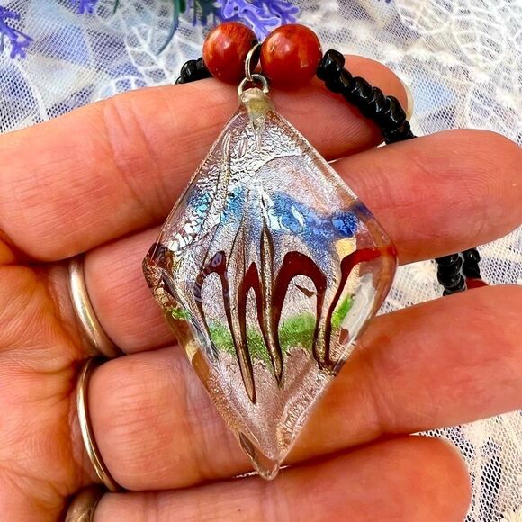 Vintage Art Glass & Genuine Red Jasper Stone Seed Bead Choker Necklace - Picture 3 of 12